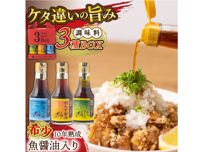 【旨味たっぷり】10年熟成魚醤油入り調味料３種BOX【長田食品】